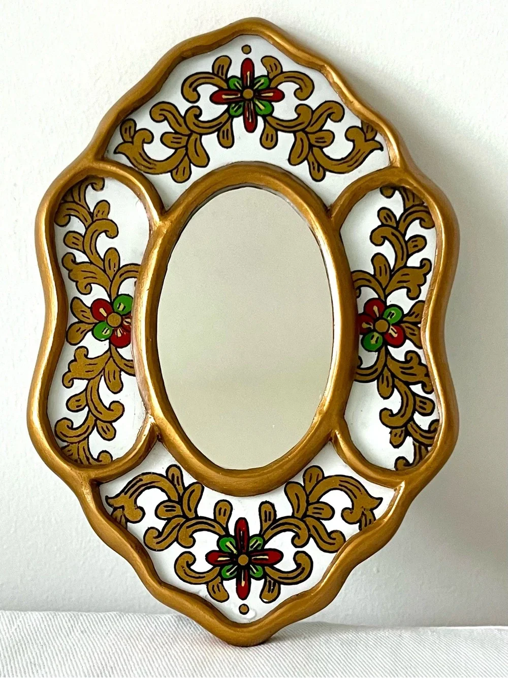 Peruvian Handcrafted Reverse-Painted Wall Mirror with Floral Motif